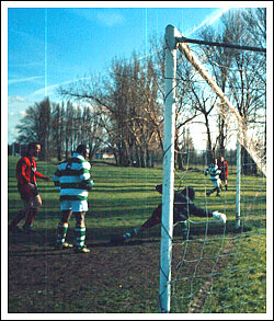 An Abbott cross-come-shot is touched desperately onto the post by the Sportobello keeper.