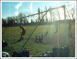 Banoub celebrates in typical fashion after ramming home Logicas sixth in arty sunlight.